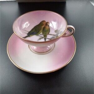 1930s Elvira Made in Germany Demitasse Cup & Saucer Pink/White with Birds